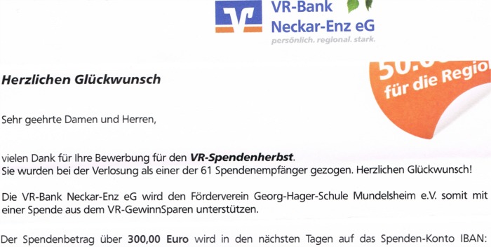 Spende VR-GewinnSparen 300 Euro web